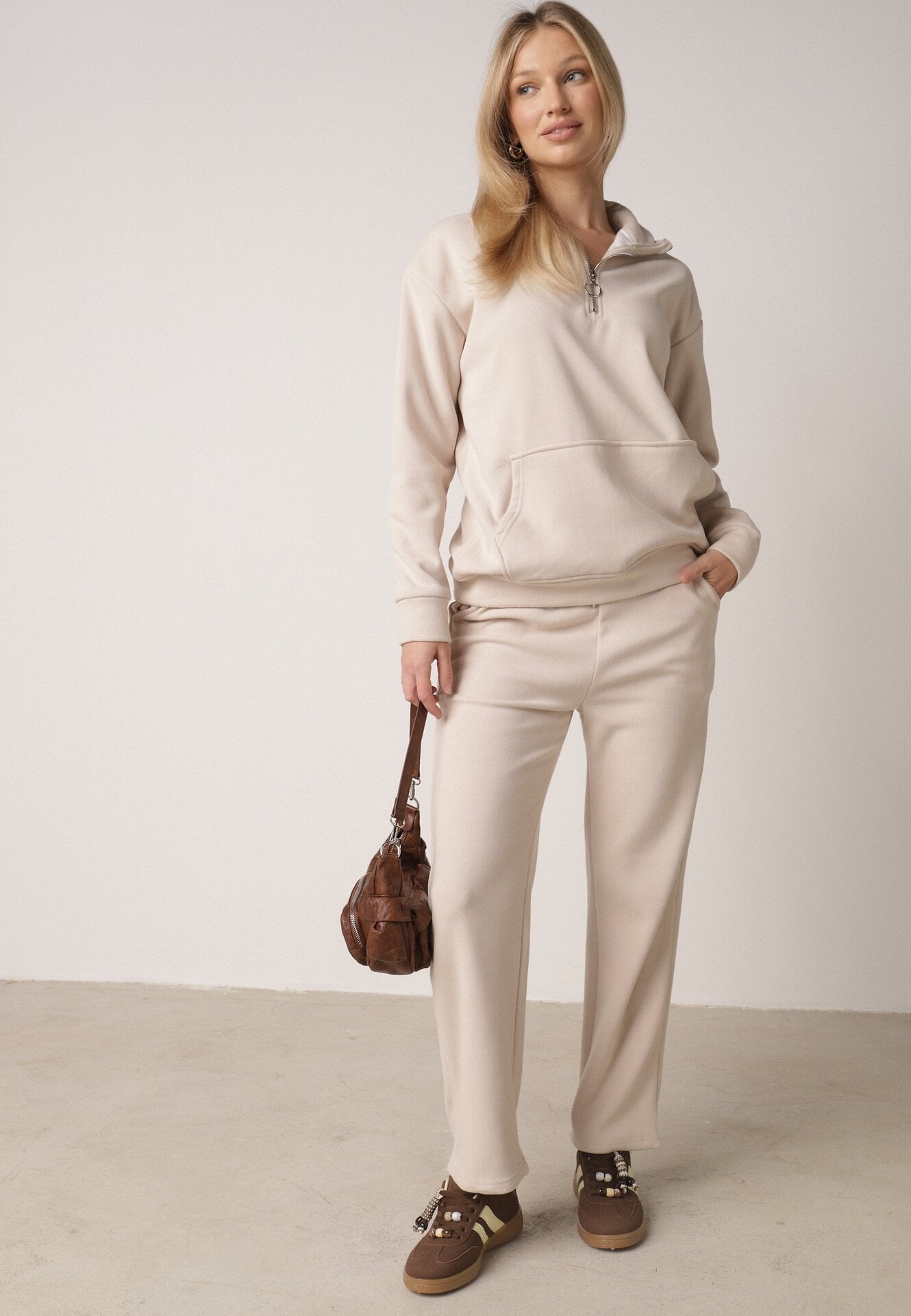 Compleu de Trening Bej din 2 piese din fleece cu bluză și pantaloni largi Aldonor