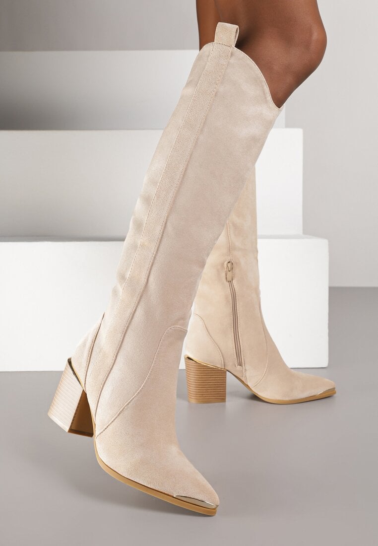 Cizme cowboy bej cu toc gros și vârf metalic Freija