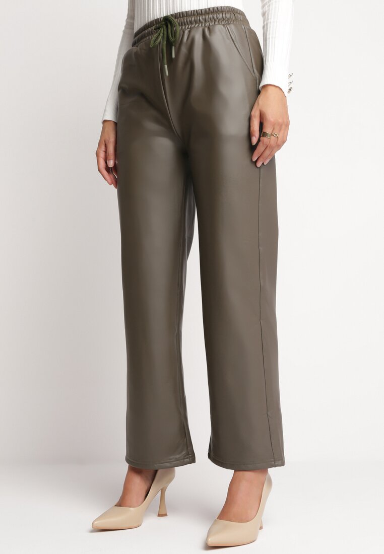 Pantaloni verzi largi din imitație de piele cu talie elastică Attar