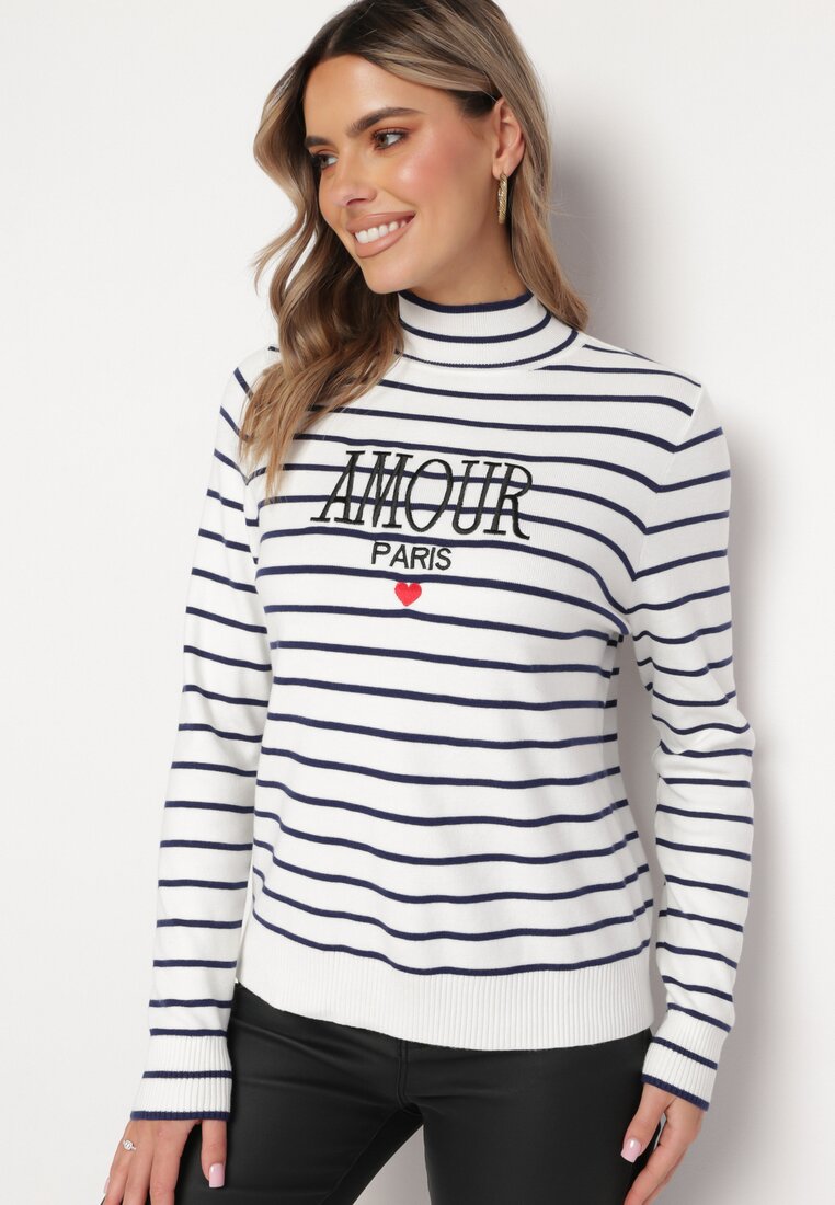 Pulover Alb Golf cu dungi cu broderie Enika