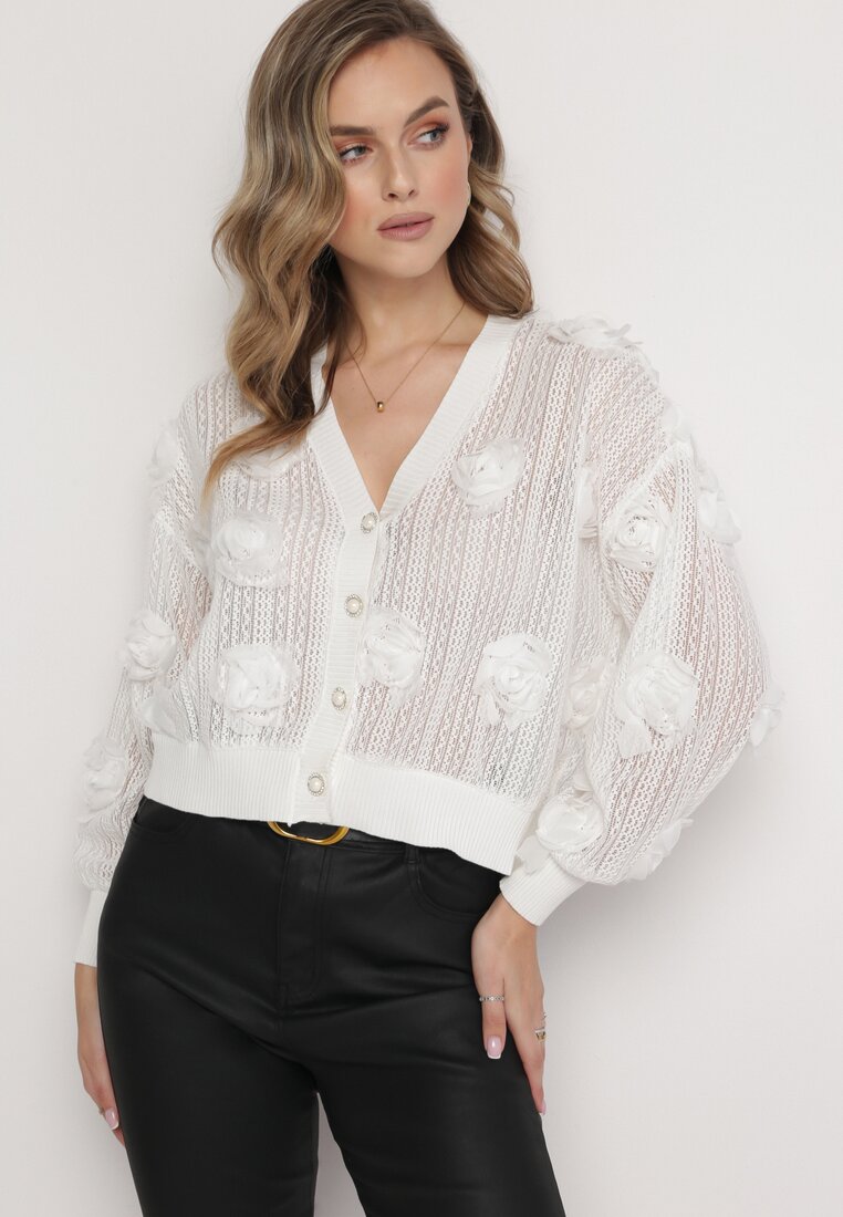 Cardigan Ajurat Alb cu Flori Helallia