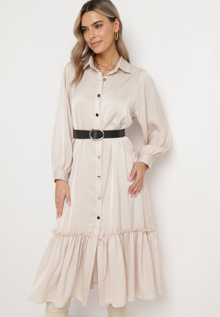 Rochie tip cămașă bej midi cu volan și curea Kamat