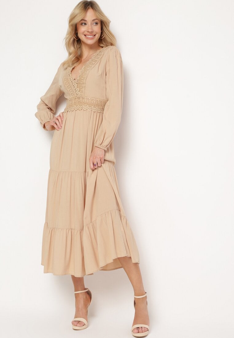 Rochie Evazată Bejă cu Dantelă Brightyn