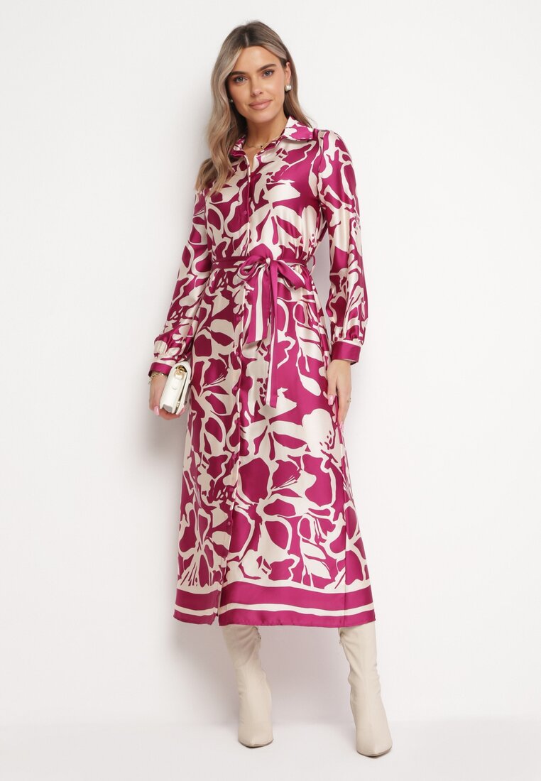 Rochie tip cămașă mov florală cu cordon legat Dheendsa