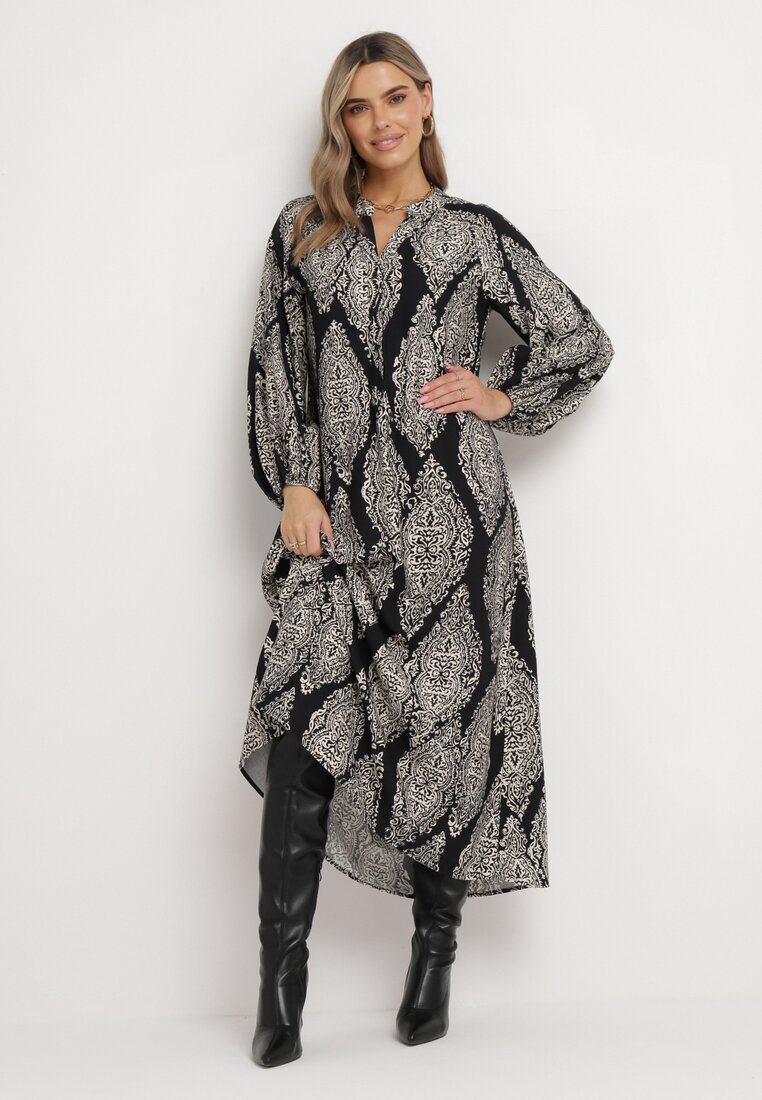 Rochie Neagră Evazată Maxi cu Decolteu Triunghiular Chetan