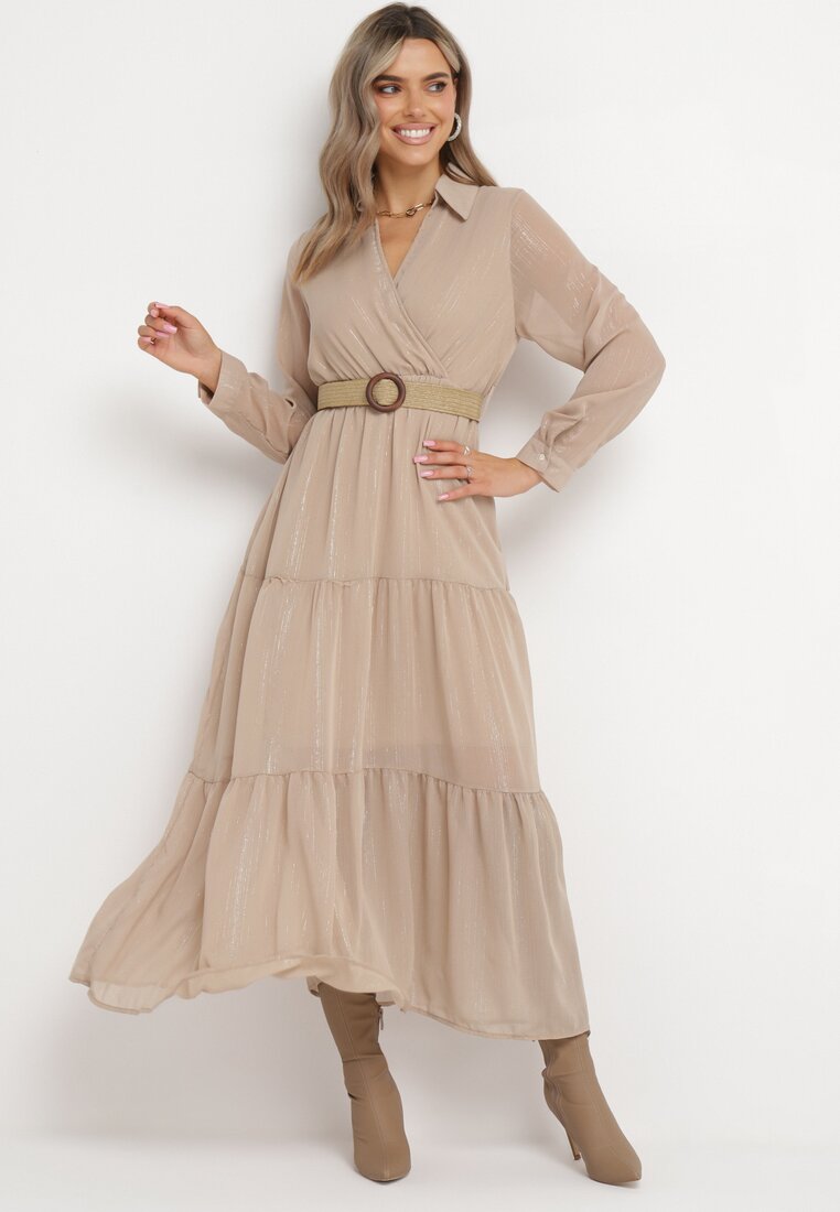 Rochie bej cu decolteu petrecut și curea împletită Dirmi