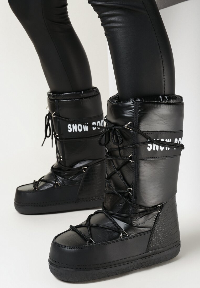 Cizme de zăpadă negre căptușite pe talpă plată groasă cu guler ajustabil și șireturi Heatua