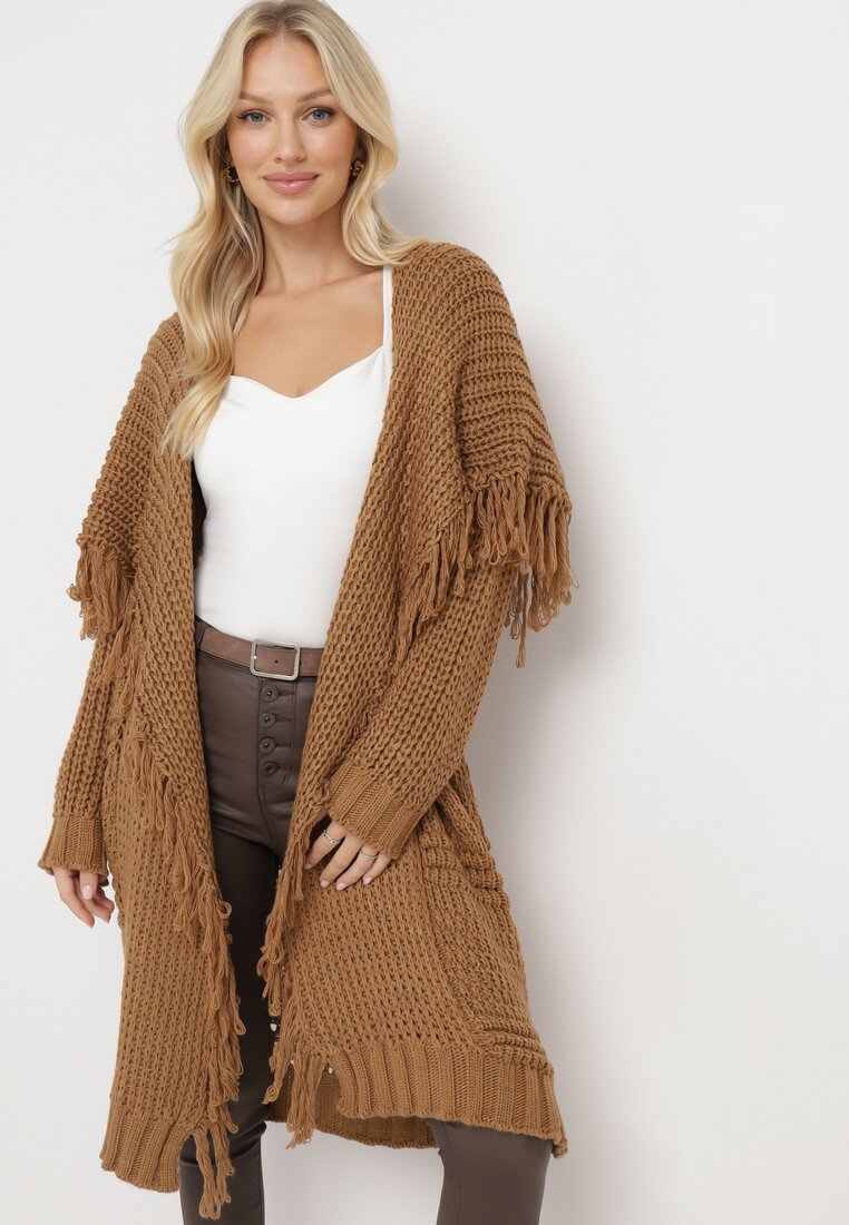 Cardigan Maro Lung Decorat cu franjuri Elentia