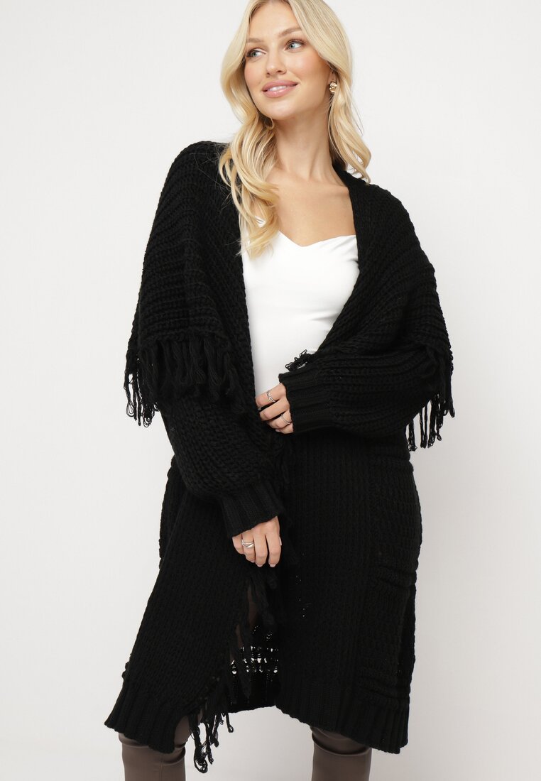 Cardigan Negru Lung Decorat cu Franjuri Elentia