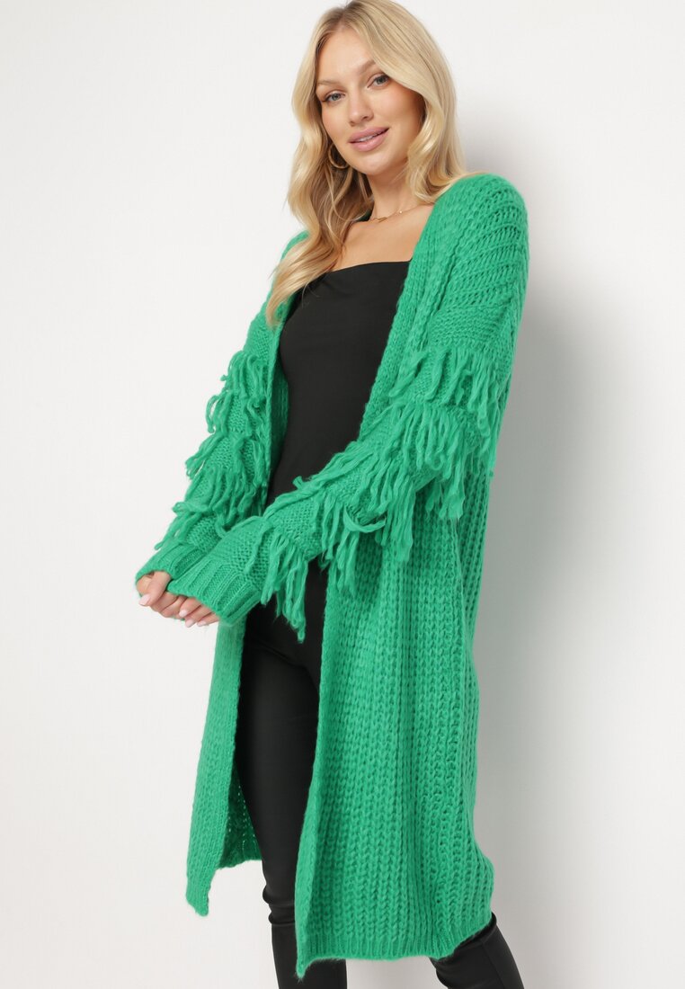 Cardigan Lung Verde deschis cu Franjuri și curea Hanessa