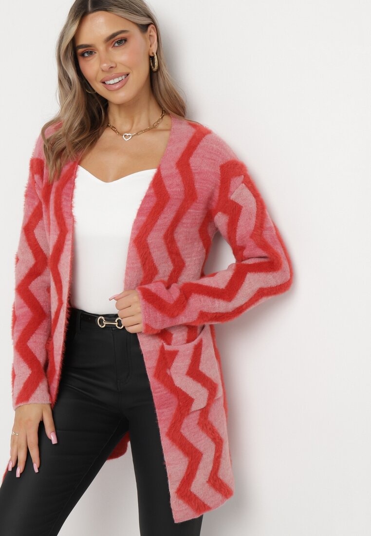 Cardigan Roșu Lejer cu Model Geometric Goitom
