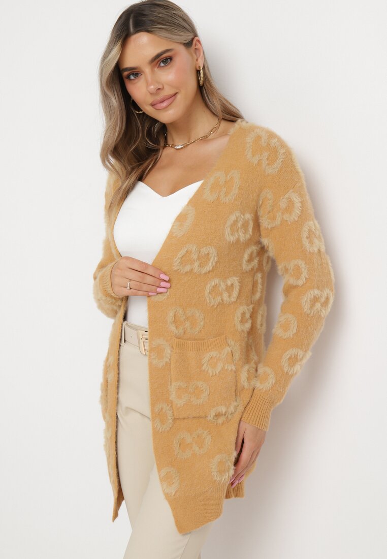 Cardigan bej închis deschis cu imprimeu leopard cu puf mai lung Weatha
