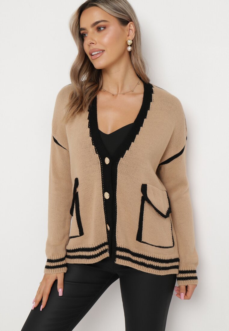 Pulover Cardigan Bej închis Decorat cu borduri contrastante Sunje
