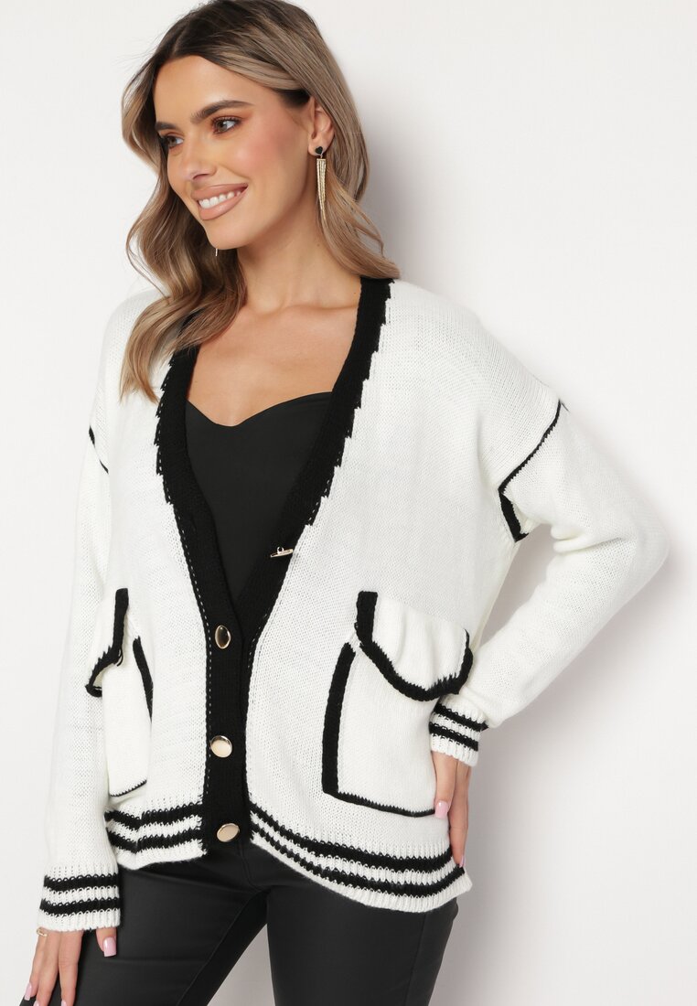 Pulover Cardigan Alb Decorat cu Margini Contrastante Sunje