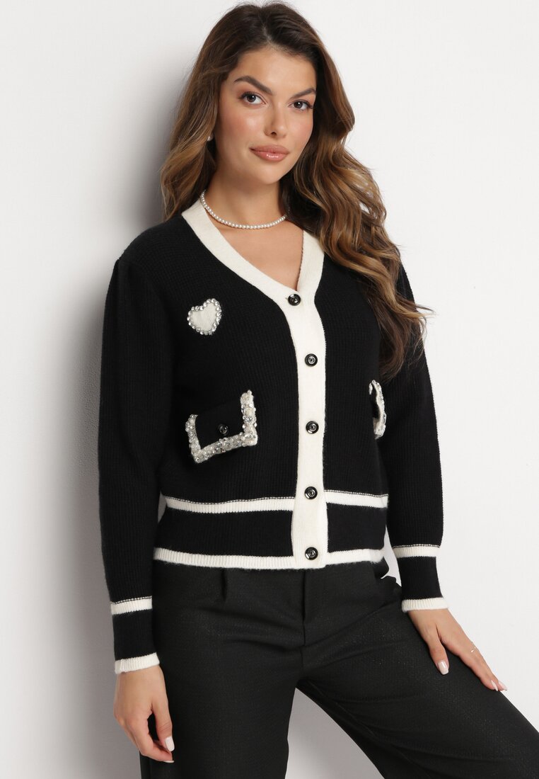 Pulover Cardigan Negru din Viscoză cu Aplicație Inimă și Buzunare cu Perle Aradhya