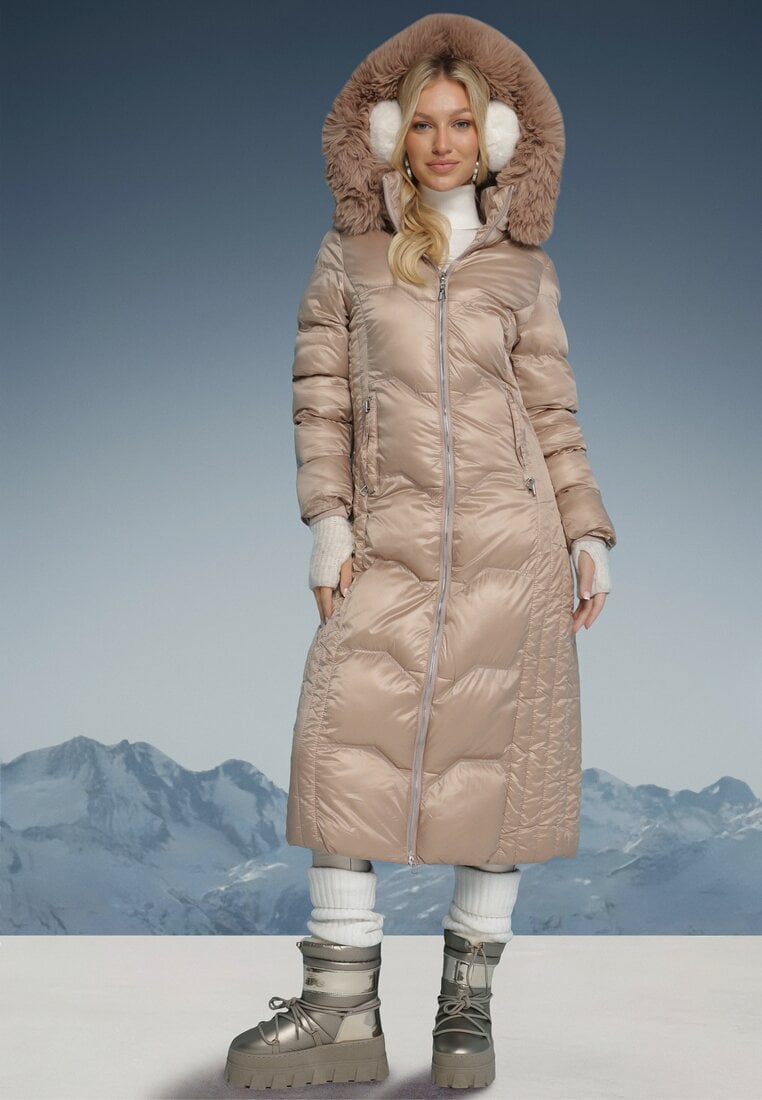 Palton Maxi Bej Matlasat cu Volan Decorativ și Blană Estenous