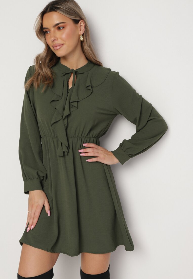 Rochie Mini Evazată Verde cu Elastic în Talie și Legătură la Decolteu Aganzza