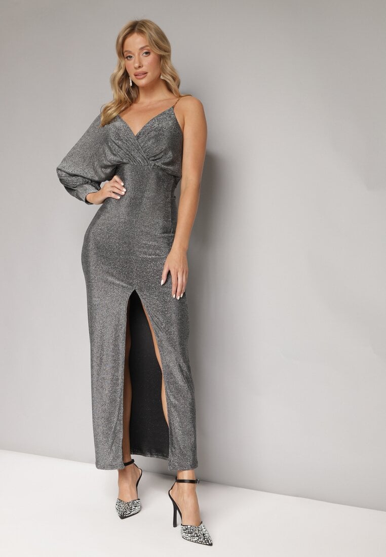 Rochie Argintie Strălucitoare Asimetrică Maxi cu Slit și Decolteu petrecut Aknasa
