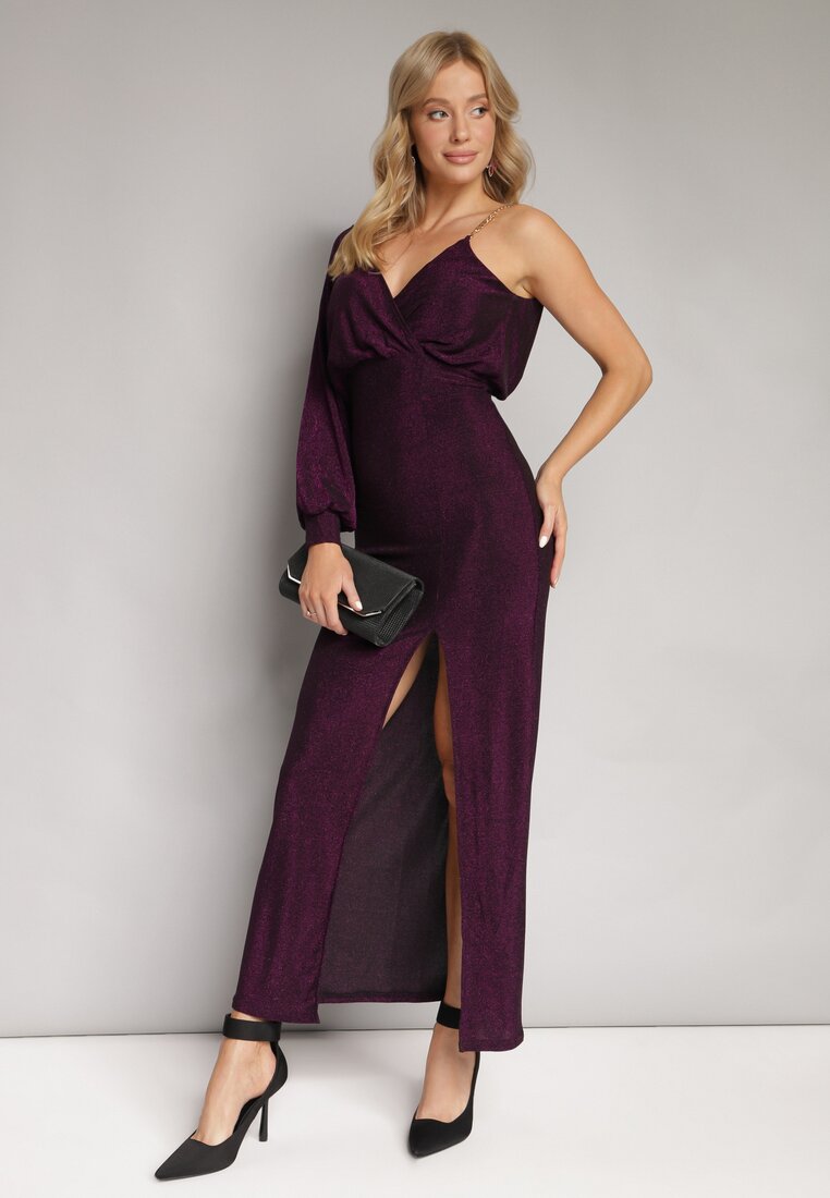 Rochie Fioletă Strălucitoare Asimetrică Maxi cu Despicătură și Decolteu Petrecut Aknasa