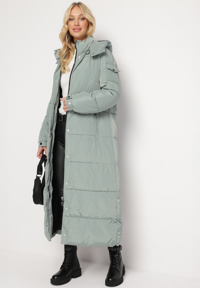 Geacă Palton Lungă Verde mentă Matlasată cu Glugă Bellique