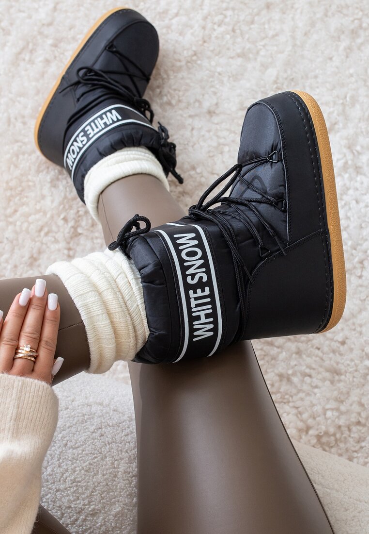 Bocanci de zăpadă Negri Călduroși pe Platformă Decorați cu Text Menderia