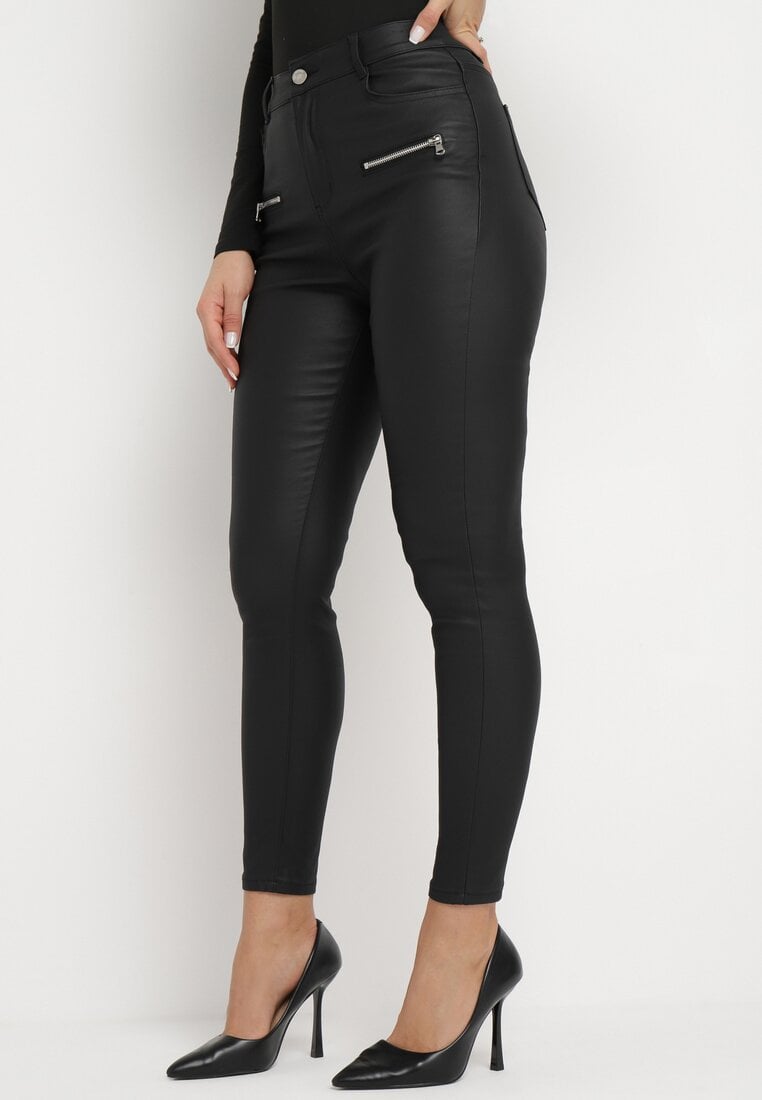 Pantaloni negri Skinny din piele ecologică cu talie regulară și fermoare decorative Nalarian