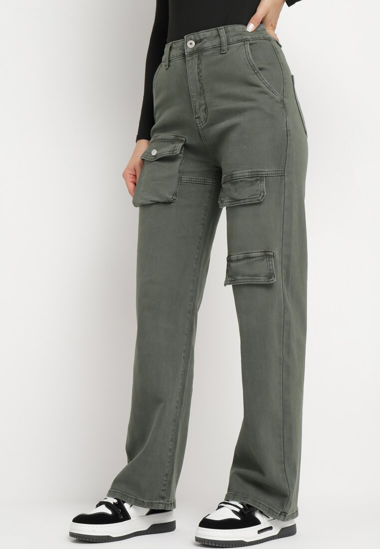 Pantaloni Verde închis Cargo cu talie regulară și buzunare cu clapetă Elarial