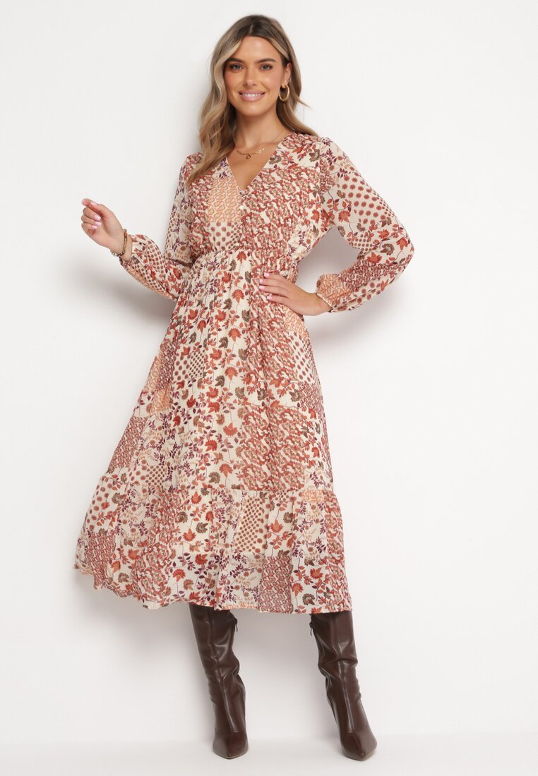 Rochie Bej-Roz Evazată Midi cu Volan Caprina