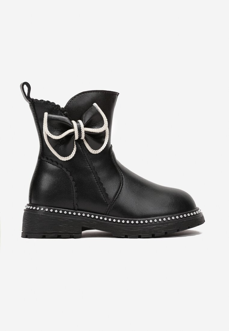 Botine Negre cu Talpă Plată cu Mărgele și Fundiță Zephana
