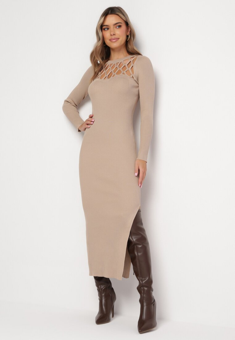 Rochie Bej Reiată Maxi cu Model Ajurat și Decupaj Zanelia