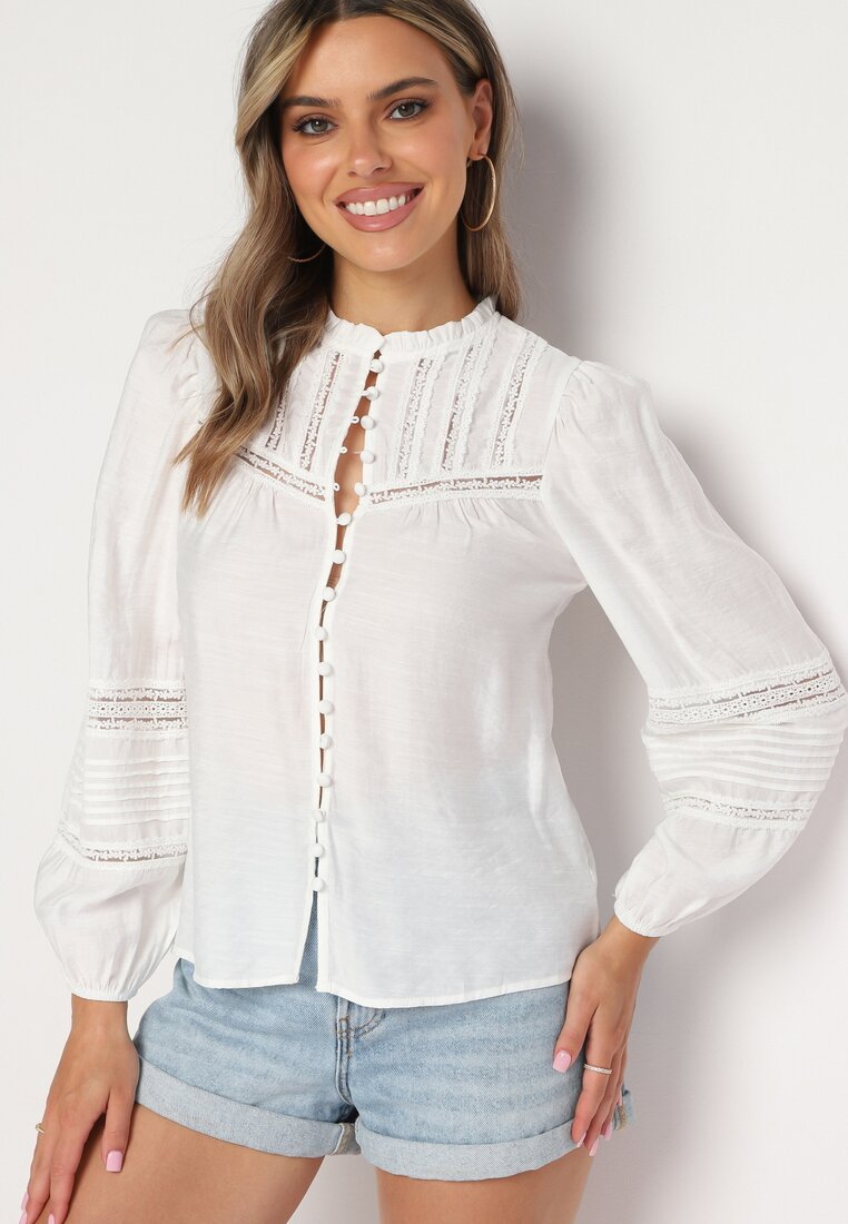 Cămașă albă din viscoză cu panglici de dantelă și guler tunica Versa