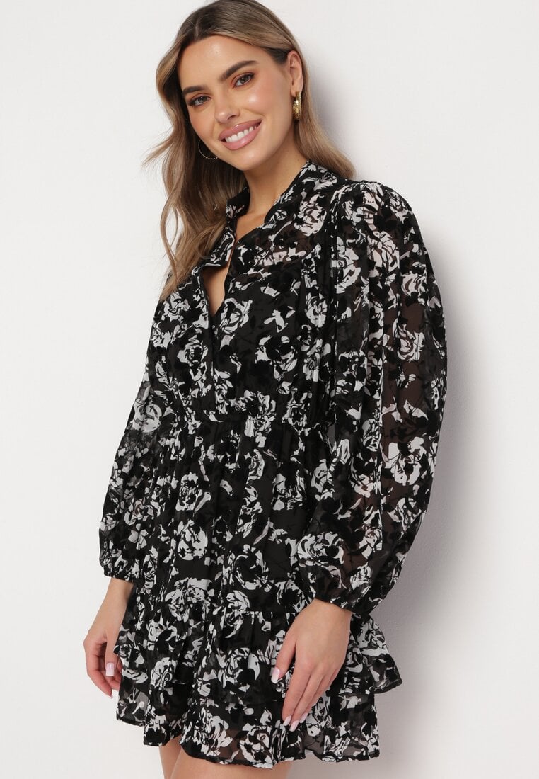 Rochie Neagră Cloș Mini cu flori cu volănaș Matera