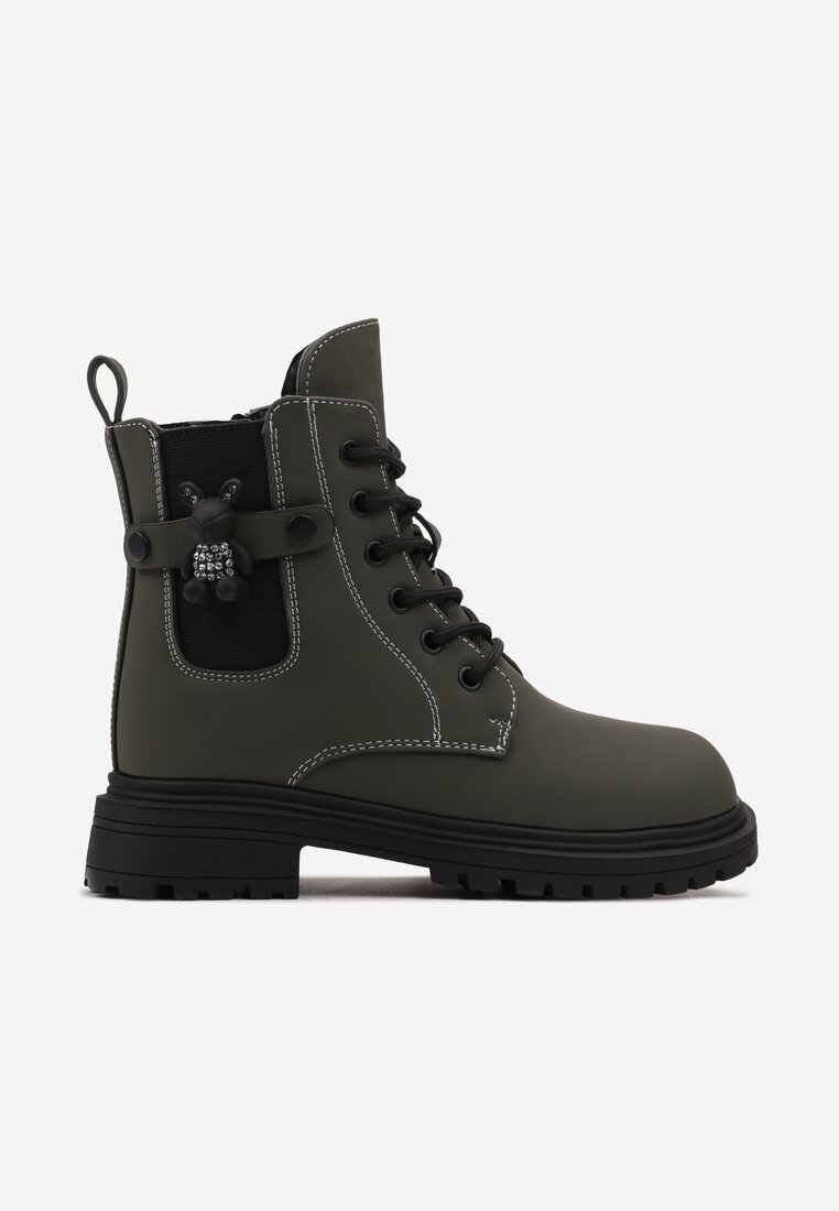 Botine Worker Verzi cu șireturi cu inserție textilă și zirconii Mirielia