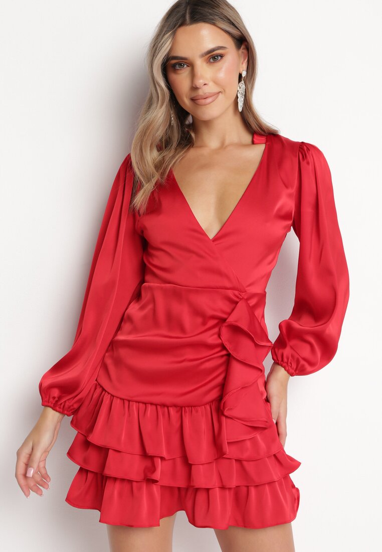 Rochie roșie petrecută mini cu volane Oledo
