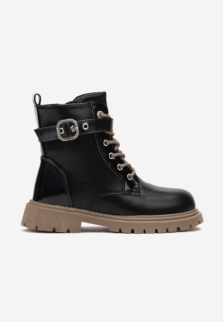 Botine tip Worker Negre Lăcuite din Piele ecologică cu Șireturi și Curea cu Cataramă Pordenta
