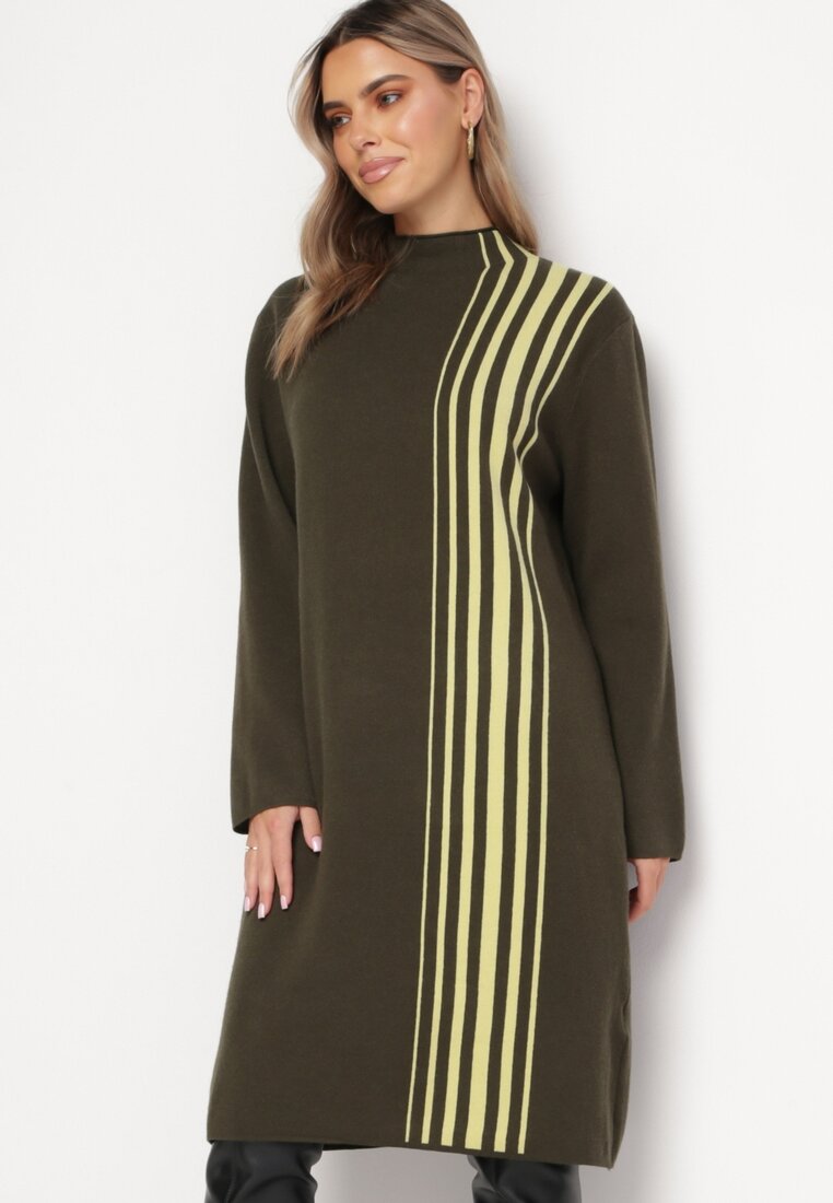 Rochie Midi Verde închis cu guler semi-înalt cu croială dreaptă cu dungi Pregora