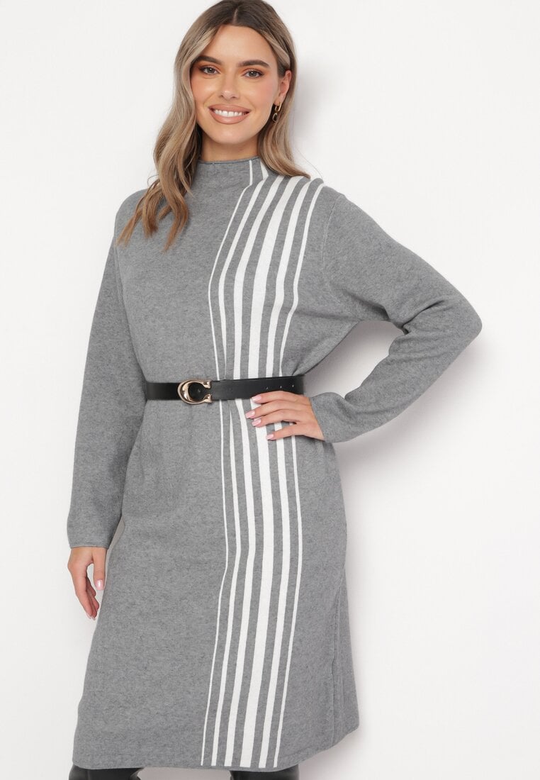 Rochie Midi Gri deschisă cu guler semi-înalt, cu croială dreaptă și curele Pregora