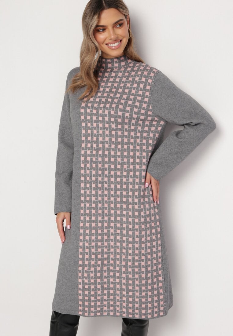 Rochie Gri închis cu croi tip cutie cu guler tip maletă și cu model geometric Karbisa
