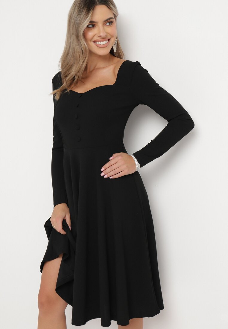 Rochie Cloche Midi Neagră cu nasturi decorativi Aramita