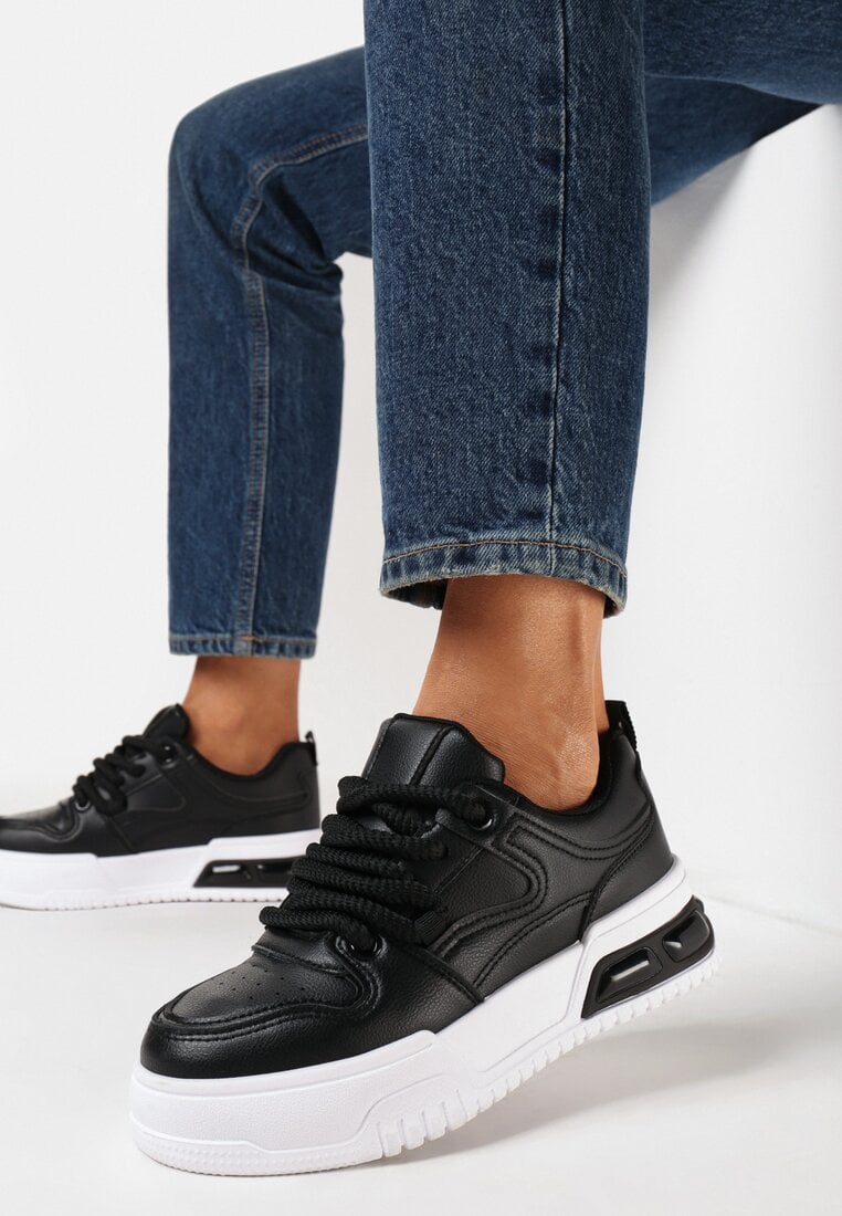 Sneakers Negre cu șireturi, cu talpă groasă, din piele ecologică, cu cusături Malacia