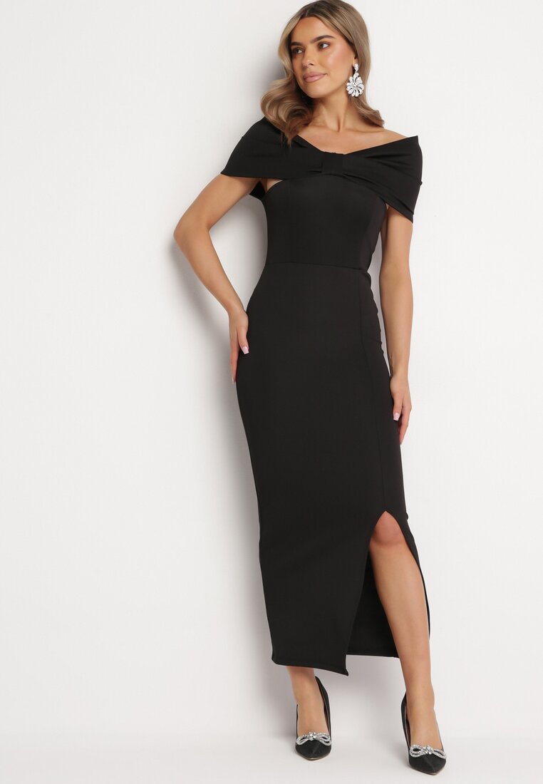 Rochie Neagră Maxi Fără Bretele cu Fundă Decorativă și Șliț Marigore