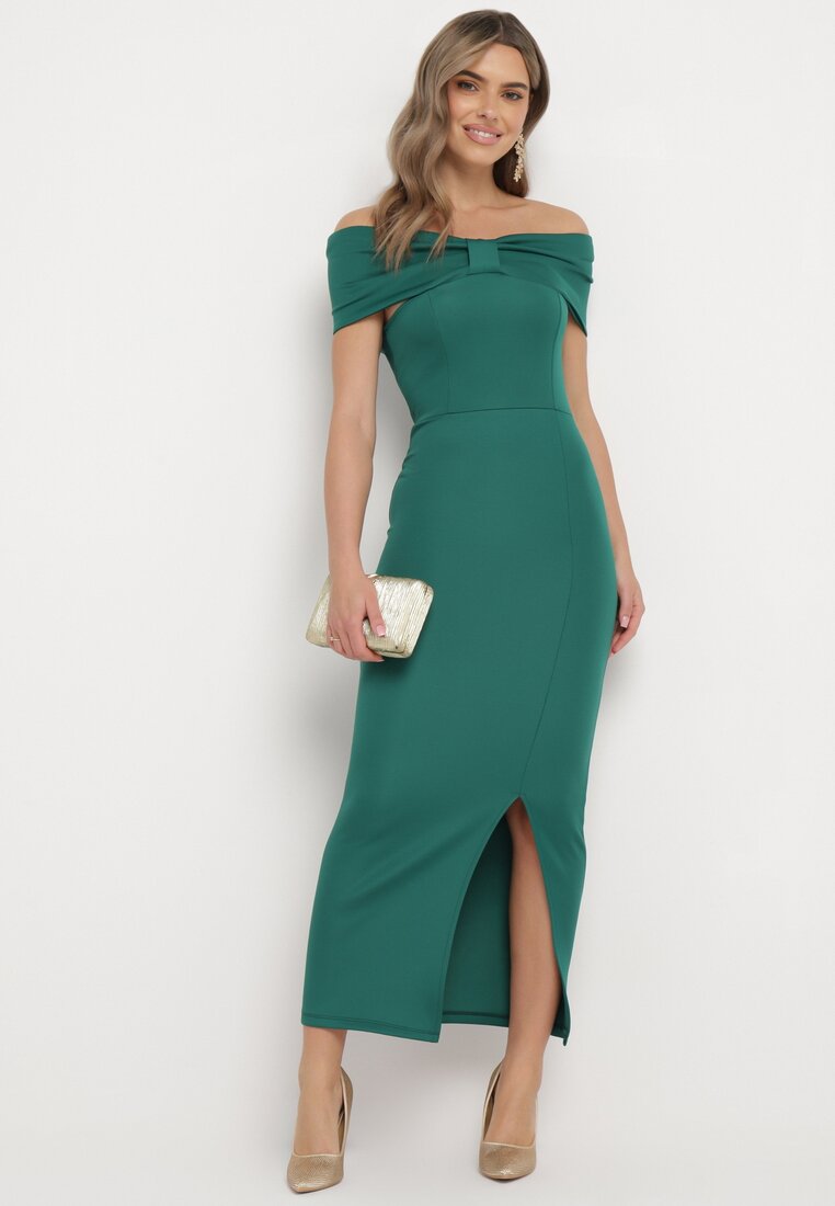 Rochie Verde Maxi Fără bretele cu fundă decorativă și fante Marigore