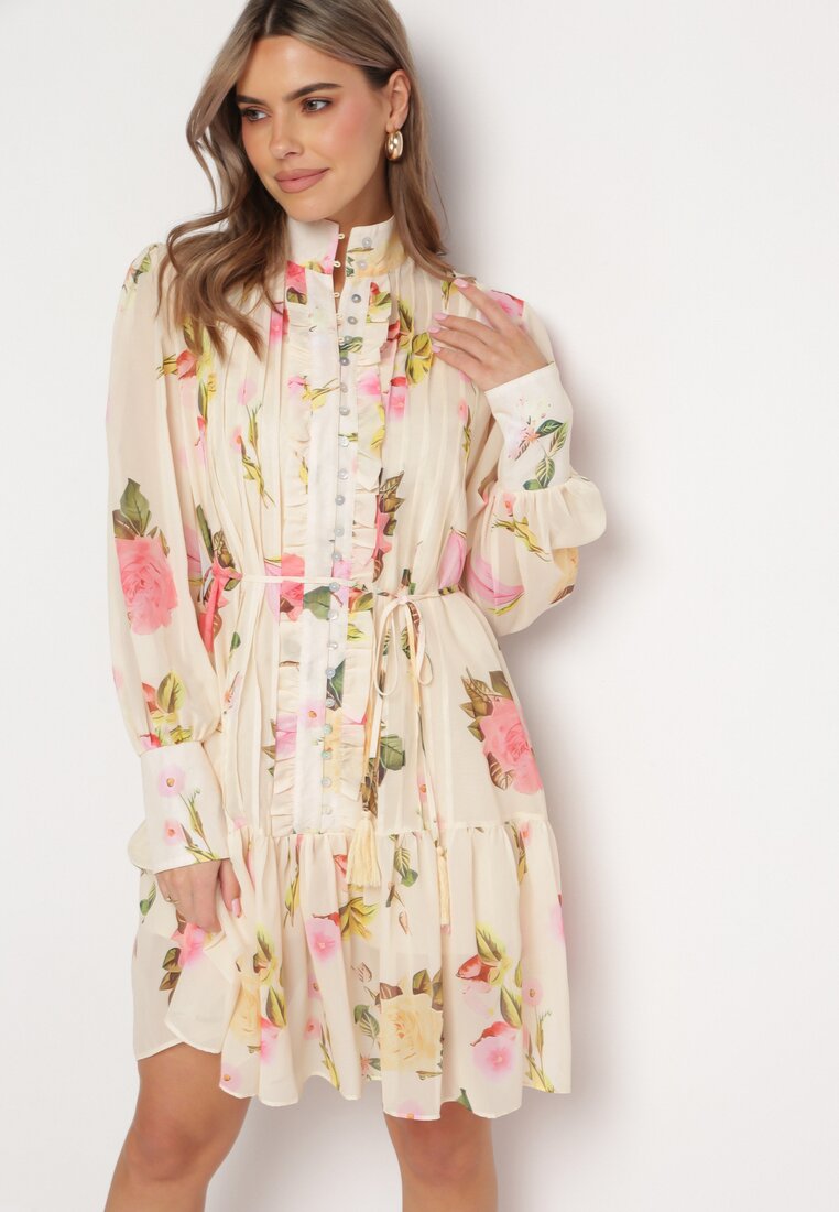 Rochie midi florală bej deschis cu nasturi și pliuri Imma