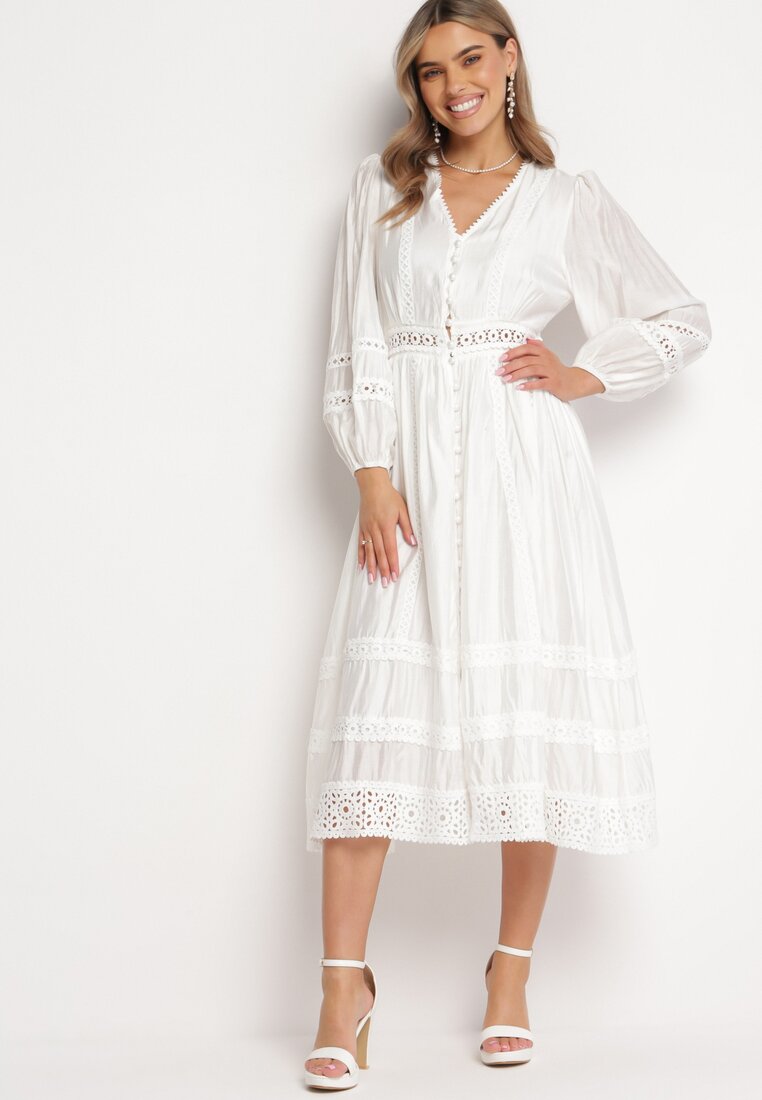 Rochie Albă Cambrată Midi cu Broderie Ajurată Wilira