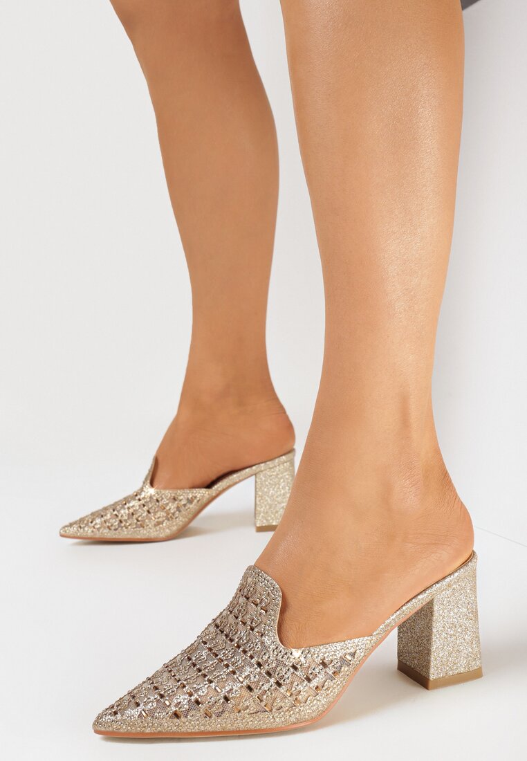 Papuci mule aurii strălucitori cu toc bloc și vârf ascuțit Airel