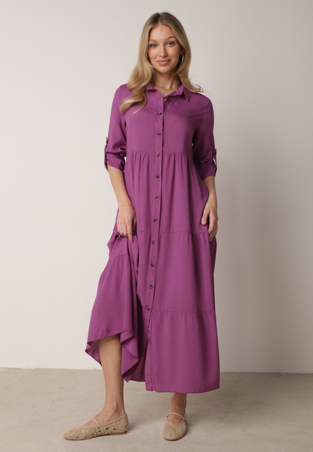 Rochie Violet Evazată Maxi din Bumbac Stil Cămașă Onecca