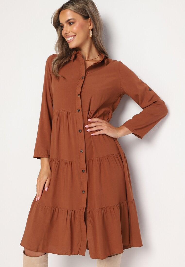 Rochie Maro Stil Cămașă Din Bumbac Cu Croială Evazată Și Nasturi Tubia