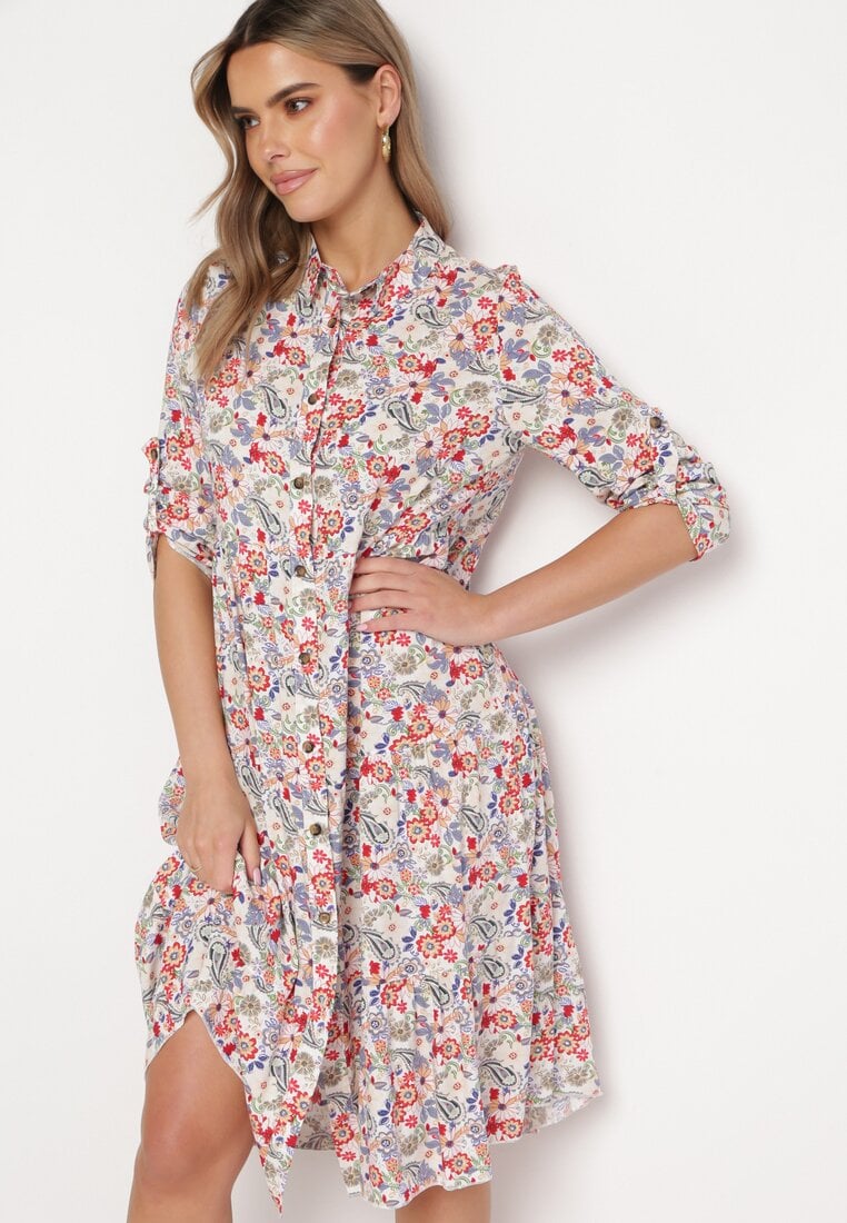 Rochie Midi Alb-Roz Florală cu un Croi Evazat Glevia