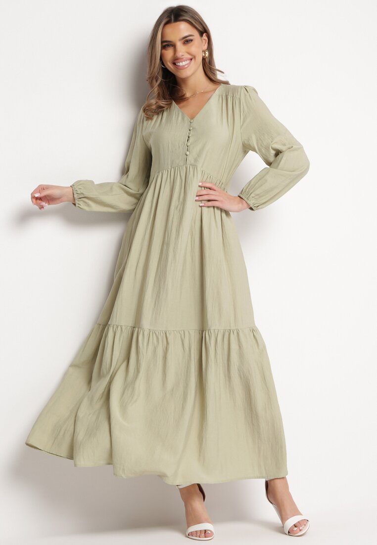 Rochie Verde Tip cutie Maxi Decorată cu Cusături și Nasturi Kedora