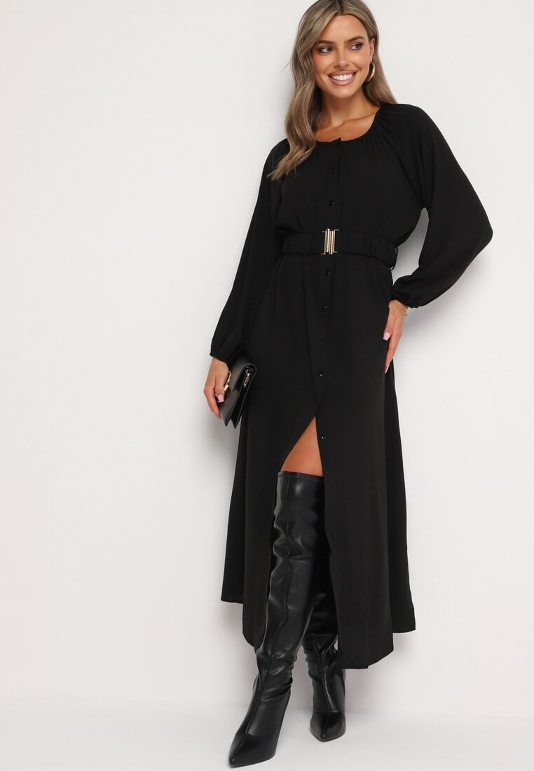 Rochie Maxi Lejeră Neagră cu Nasturi și Curea cu Cataramă Decorativă Liriti